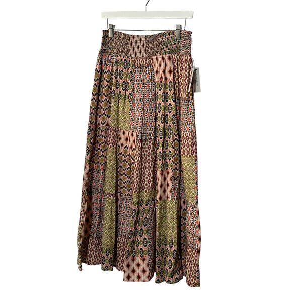 LIVERPOOL WOMENS SIZE LARGE TIERED WOVEN MAXI SKIRT GEO PRINT PINK GREEN NEW - Picture 2 of 12